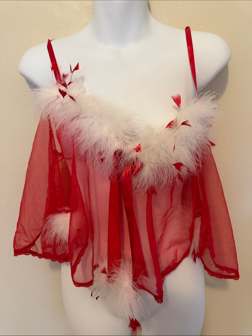 Red Sheer Feather-Trimmed Babydoll Chemise